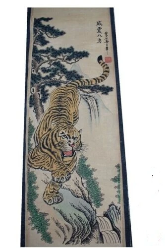 

4PCS Chinese Antique Hand Painting Paper Scroll Set Tiger Pine Landscape