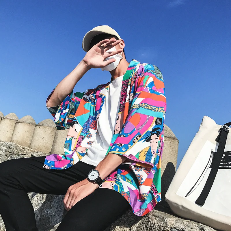 Red Beker Men Shirt Streetwear Loose Hip Hop Hawaiian Japanese Short Sleeve Casual Top QX01A00AK | Мужская одежда