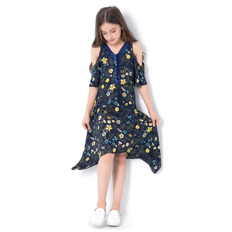 Off the Shoulder Teenage Girls Chiffon Dress Summer 2019 Floral Print Sequined Holiday Beach Clothing 10 12 years | Детская одежда и