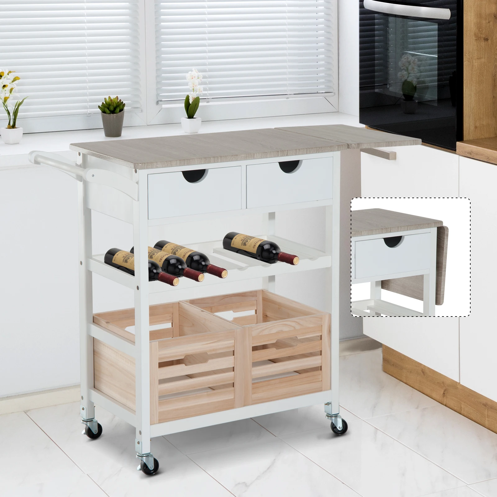 HOMCOM Carro de Cocina Carrito Servir Auxiliar с Botellero расширяемым Cestas Extraible 70x40x|Кухонные острова и