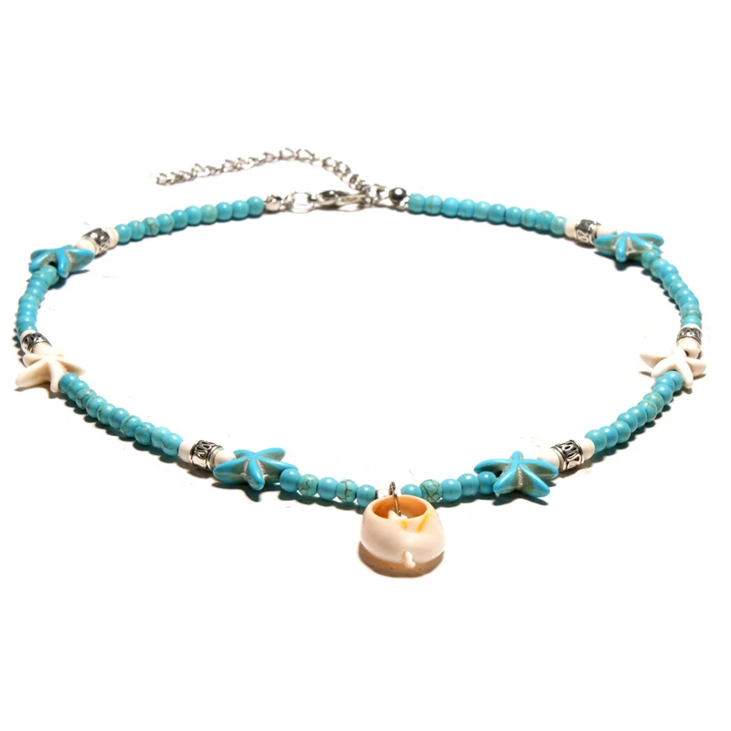 New Design Shell Pendants Starfish Turquoises Beaded Choker Necklace for Women Chic Bib Collier Femme Cowrie | Украшения и