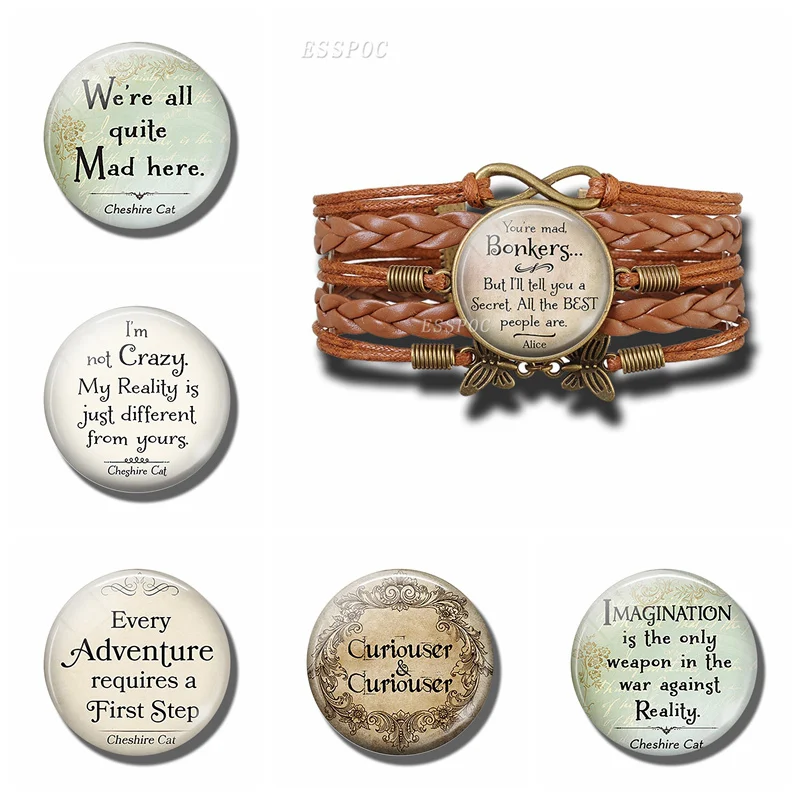 

Women's Fashion Brown Leather Bracelet Wonderland quote Quote Print Glass Cabochon Bracelets Bangle Women Fashion Accessories
