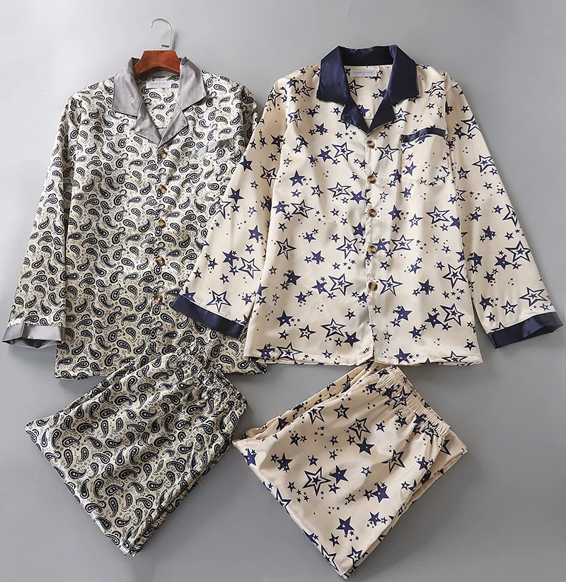 

Spring New Men's Silk Nightwear Pjamas Home Suit Long Sleeve Men Pajamas Turn-down Collar Sleepwear Luxury Men Clothing Pyjamas