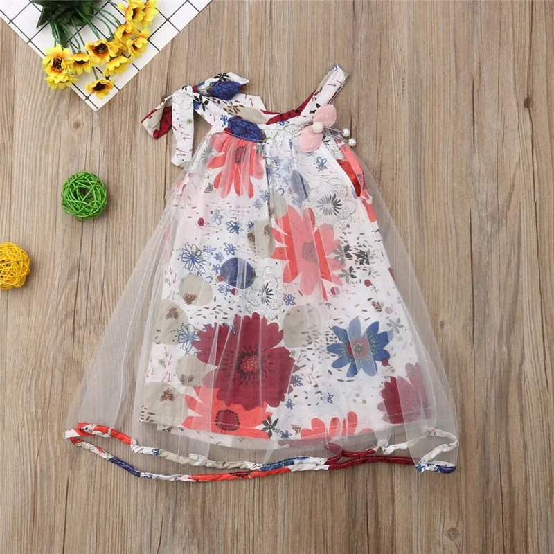 Summer Cute Newborn Baby Girls Round Neck Hanging Tie Gauze Tutu Dress Floral | Детская одежда и обувь
