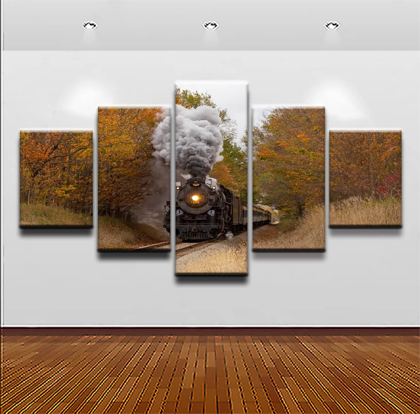 5 Panel Canvas Printed Fall Railways Train Poster Home Decor For Living Room Modular Picture Wall Art Painting Modern Artwork | Дом и сад