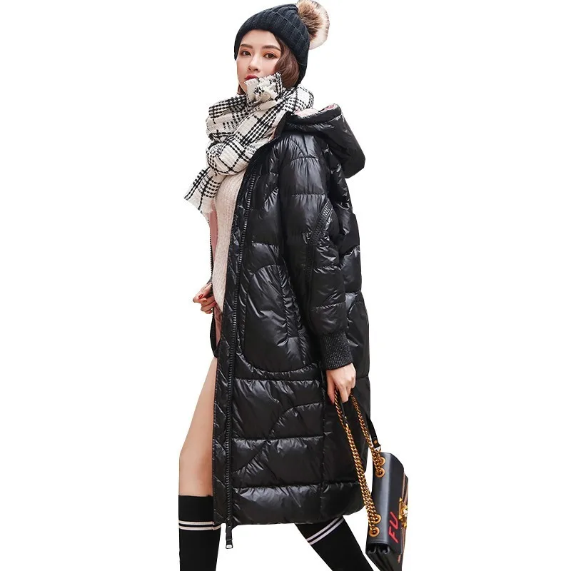 Bright Face Long Fashion White Duck Down Jacket 2018 New Hot Black Winter Coat Women Loose Hooded Casual Feathers Overcoat Ls195