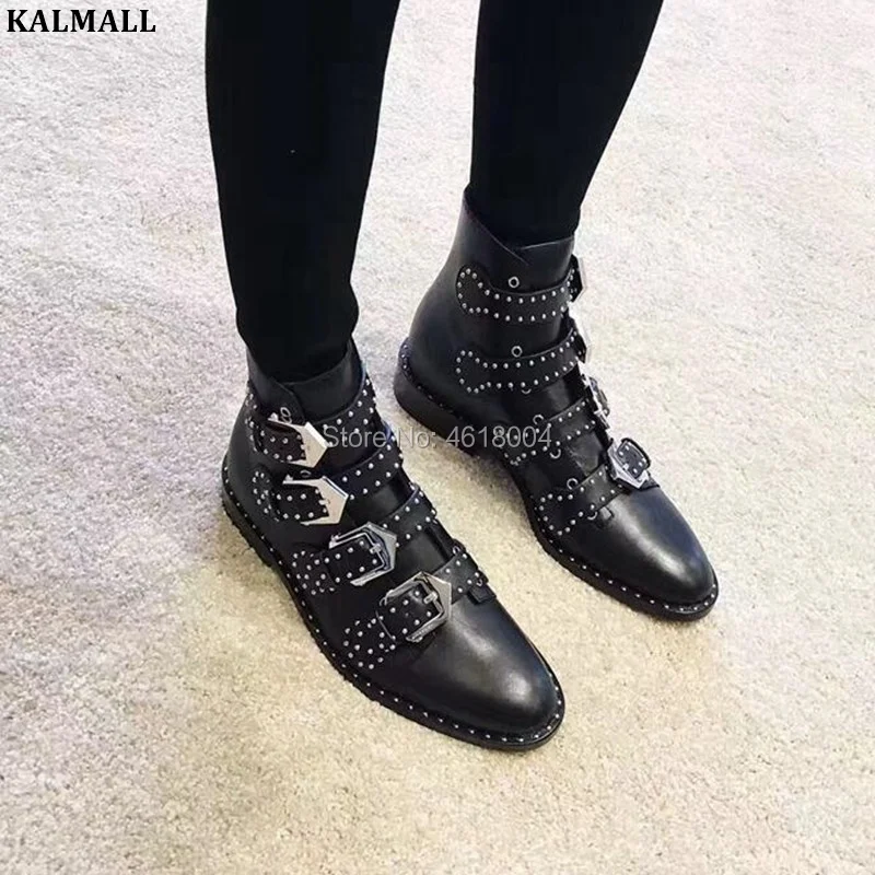 Женские байкерские ботинки с заклепками KALMALL ботильоны острым носком ремешком и