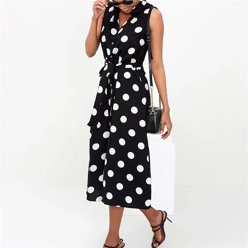 Sleeveless Lapel Shirt Dress 2019 Summer Chiffon Boho Beach Dresses Women Casual Dot Print Office Slim Party Vestidos | Женская одежда