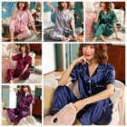 Сексуальное нижнее белье, женская летняя Пижама с отложным воротником, футболка и брюки, комплект из двух предметов, Женский Атласный пижамный костюм, пижама, женский ночной костюм