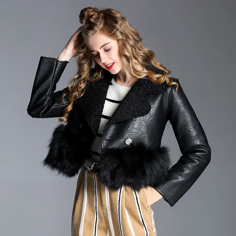 High Quality PU Leather jacket 2018 New Fashion Female Spring Autumn Lambswool Fur Stitching Casual Coats Ladies Outwear | Женская