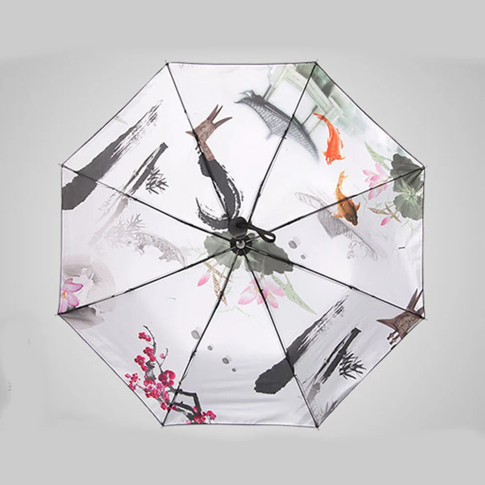 Simanfei Three Folding Art Ink Painting Umbrella 2017 New Women Sunny Waterproof Umbrellas Parasol Chinese Style Loyus | Дом и сад