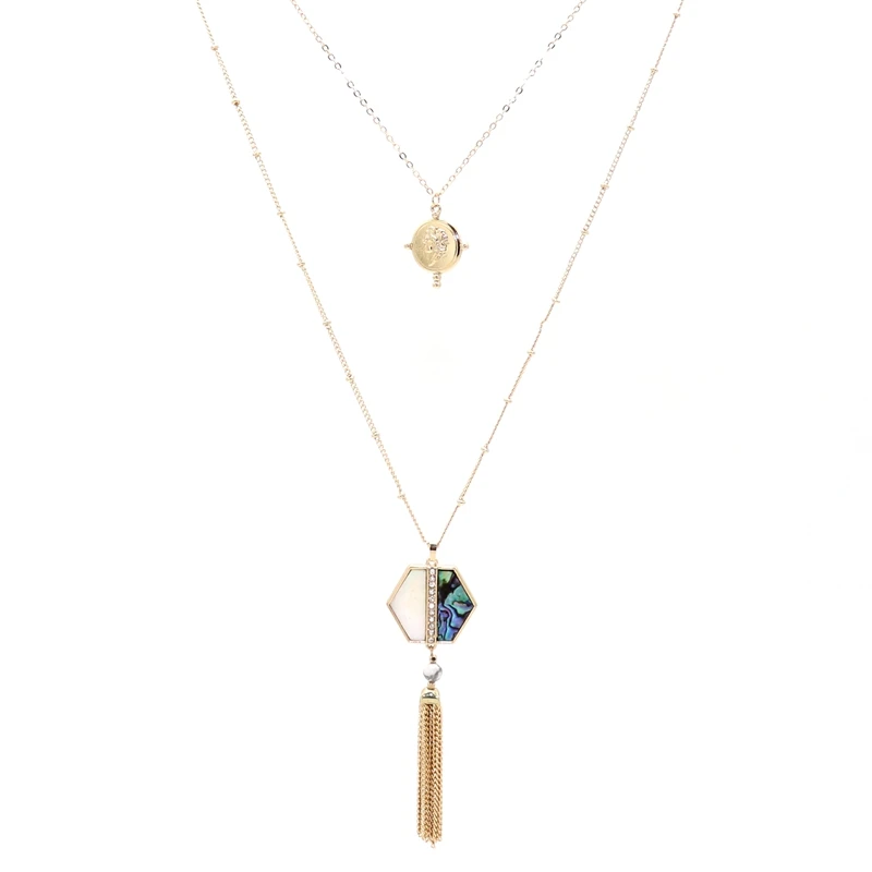 Fashion Square Hexagon Abalone Shell Pendant Metal Tassels Long Chain Sweater Necklace Geometric Body Jewelry | Украшения и
