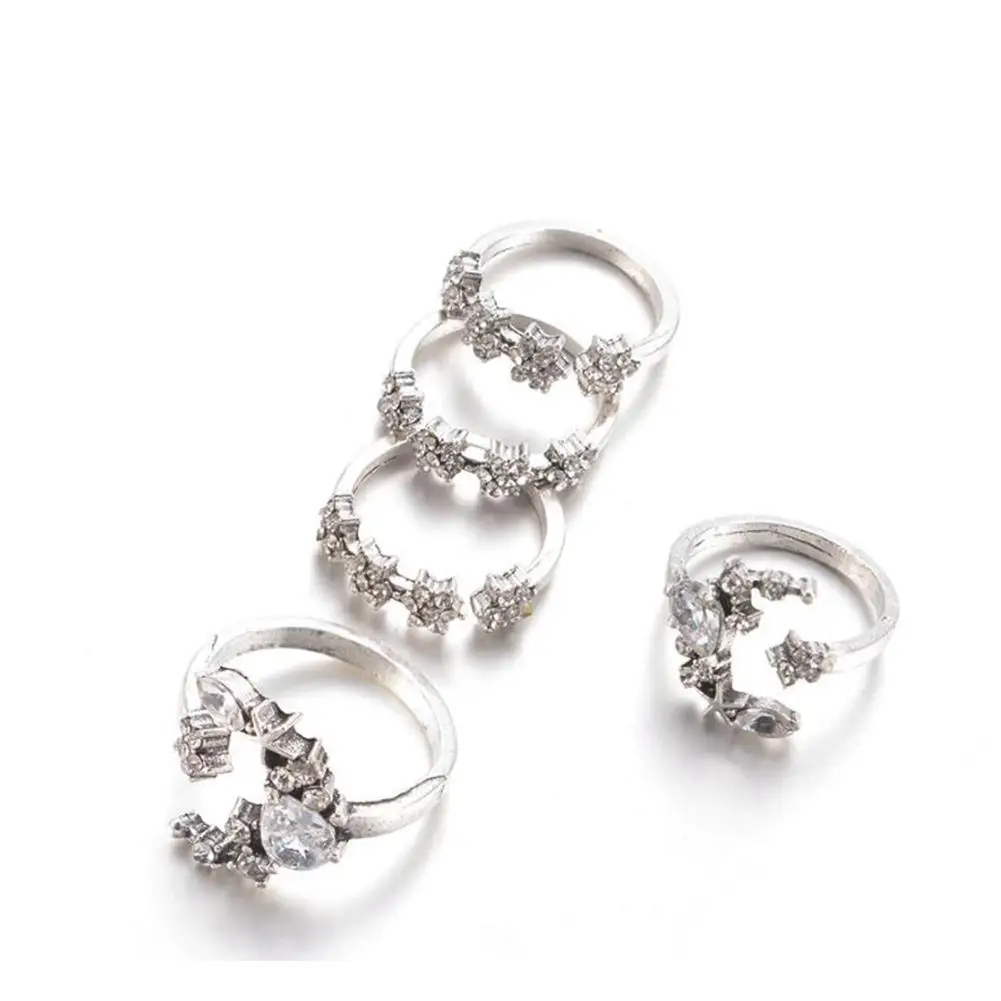 DreamBell 5pcs/Set Women Rings Silver Color Rhinestone Delicate Star Moon Crystal Ring Set Female Jewelry | Украшения и