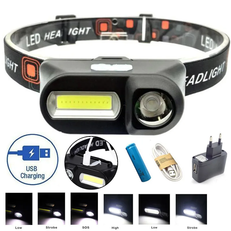 

Фонарь налобный Аккумуляторный с USB-зарядкой, 6 режимов работы