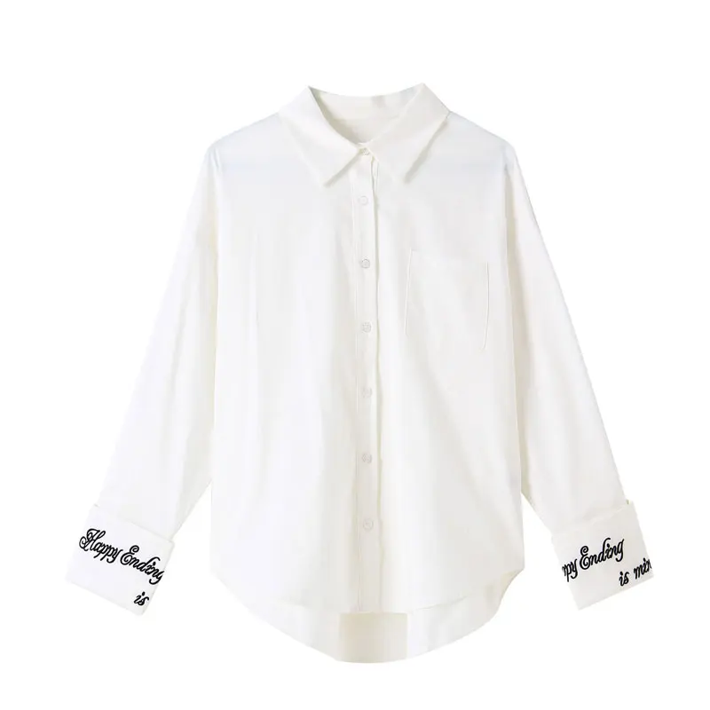 

2019 New Spring Women Shirts Embroidery Loose Languid Is Lazy Amorous Feelings Han Fan Brim Design White Blouse Shirt 880