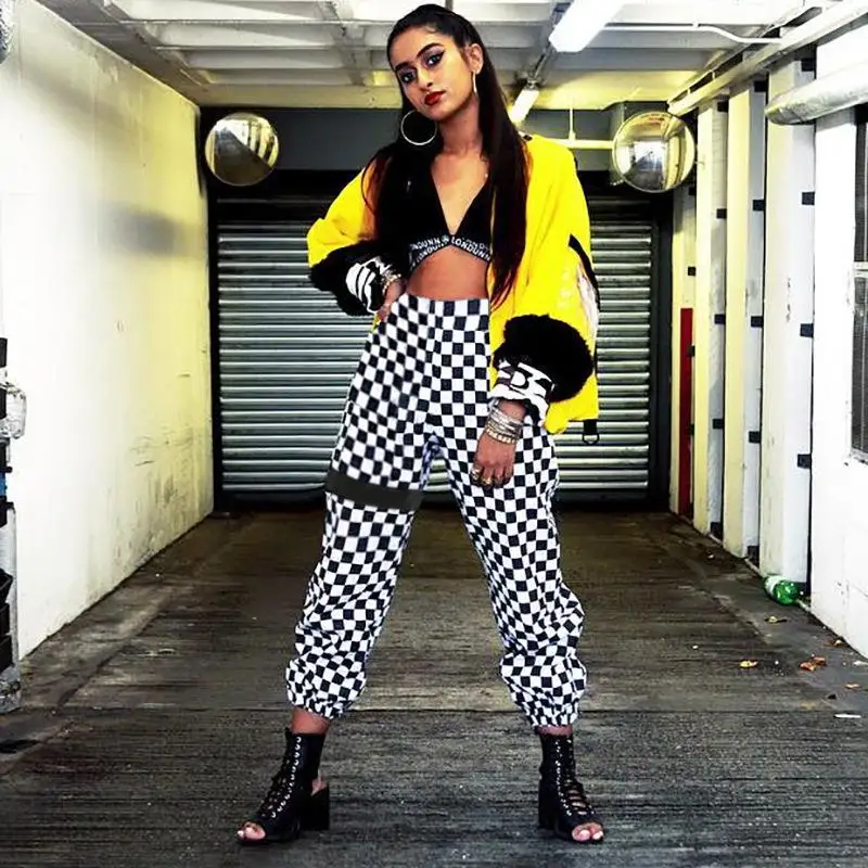 Black White Lattice Printed Casual Pants Women Harajuku Loose Summer Trousers Woman Streetwear High Waist Harem | Женская одежда