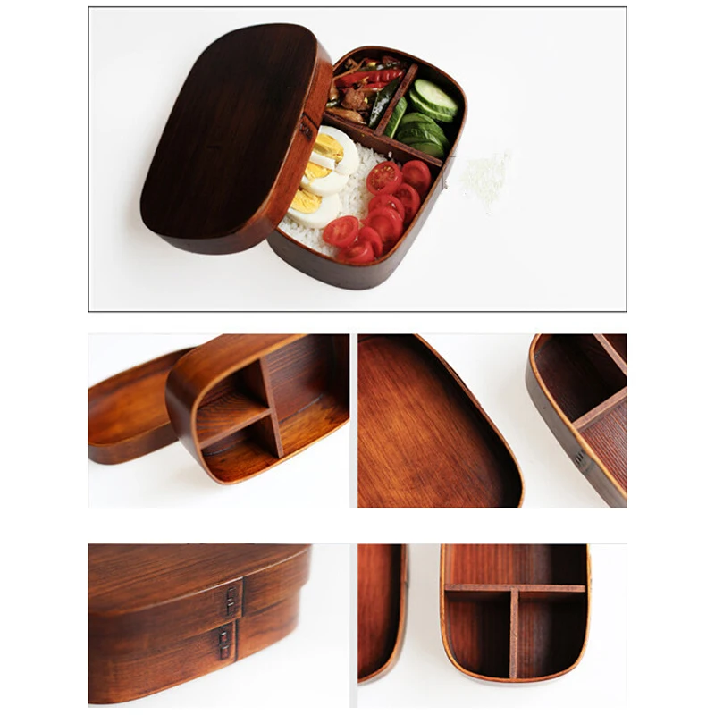 

BalleenShiny Wooden Grid Lunch Box Single Layer Japanese Style Portable Bento Box Cover Eco-friendly Tableware Food Organizer