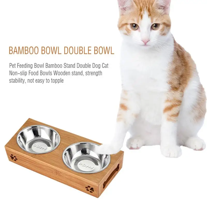 

Pet Feeding Bowl Bamboo Stand Double Dog Cat Non-slip Food Bowls
