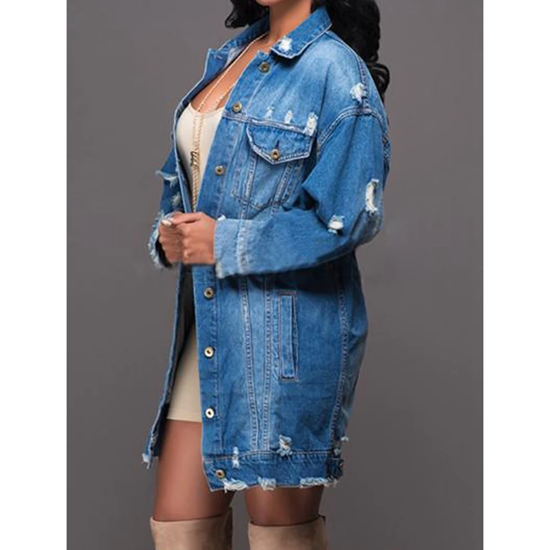 Women Denim Ripped Hole Jeans Buttons Down Long Sleeve Coat Jacket Tops Autumn | Женская одежда