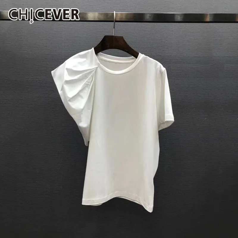 CHICEVER Весенняя Повседневная Женская Асимметричная футболка с круглым вырезом