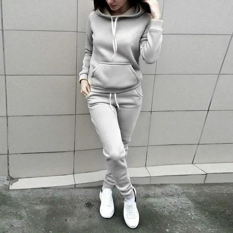 

Women Pullover Hooded Sportswear Set For Women Thick Solod Color Big Pocket Spring Soft Long Sleeve Running Sports Set