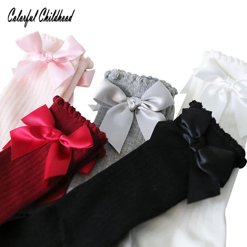 

0-24m Baby socks autumn winter solid stripe ribbon bowknot long socks toddler girls socks cotton Medias de bebe