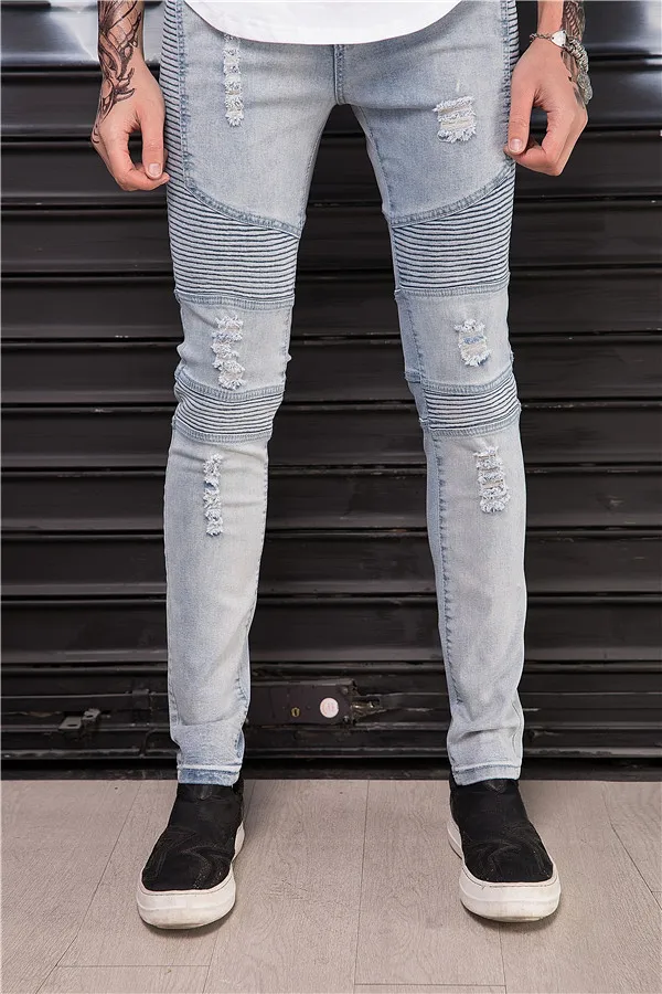Skinny Jeans Men Vintage Denim Casual Stretch 2019 Spring Pleated Patchwork Hole Ripped Male Zipper Pencil Pants | Мужская одежда
