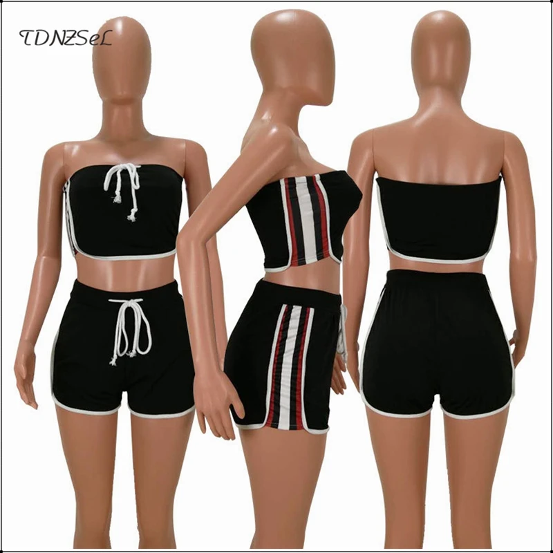 

Women Crop Tops Shorts 2 Two Piece Sets Casual Drawstring Strapless Tube Top Hot Mini Shorts Side Striped Sport Fitness SET'S