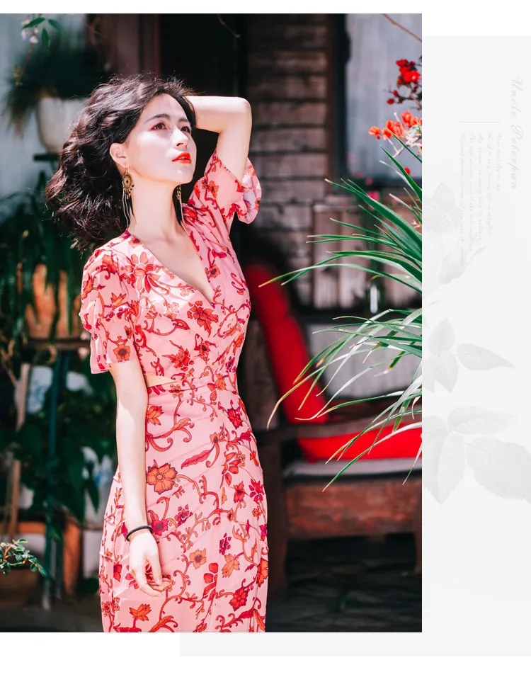 Asymmetrical V Neck Bohemian Maxi Dresses for Women Cotton Short Sleeve Summer Beach Empire Ruffles Floral Vestidos | Женская одежда