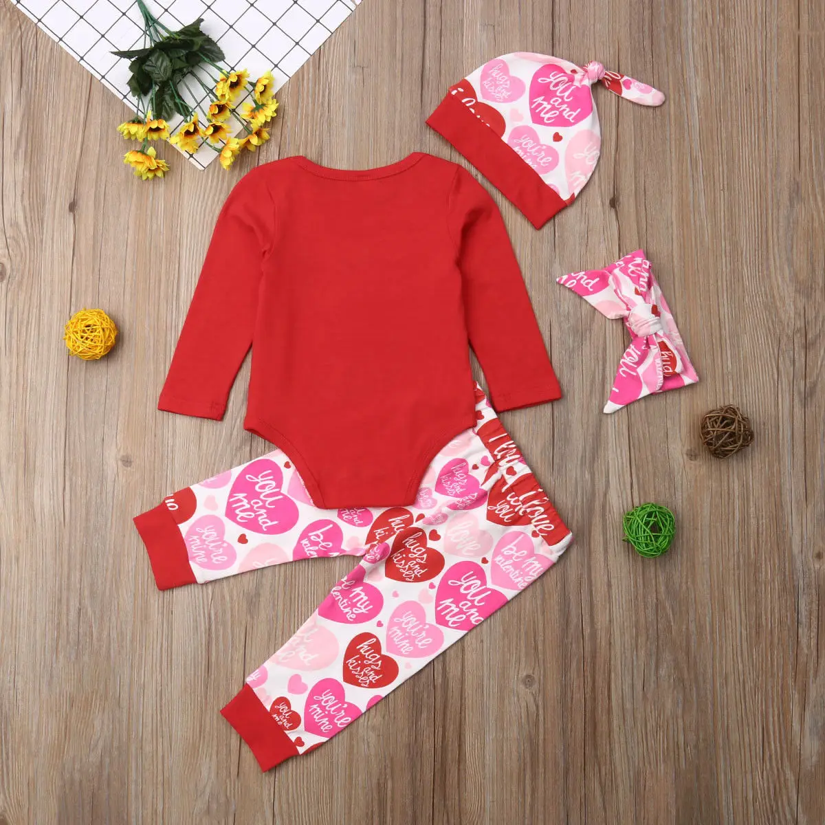 

Valentine's Day Outfits 4pcs/Set Newborn Infant Baby Girl Clothes Long Sleeve Letter Romper +Pants+Hat+Headband Baby Gifts