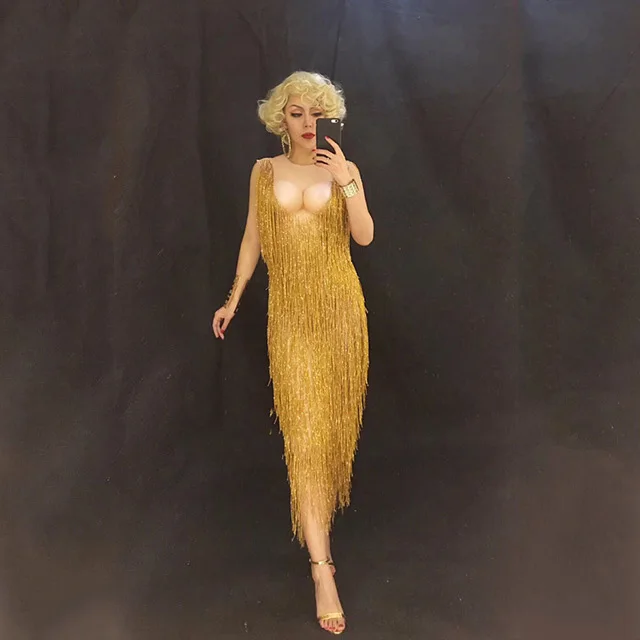

New Sparkly Gold Tassel Rhinestones Outfit Glisten Beads Costume One-piece Dance Wear Singer Stage Long Dress