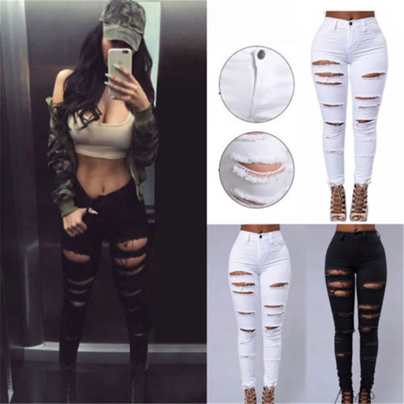 

New Sexy Women Pencil Stretch Casual Denim Skinny Jeans Ladies Ripped Hole Slim Pants High Waist Lift Hip Jeans Summer Trousers