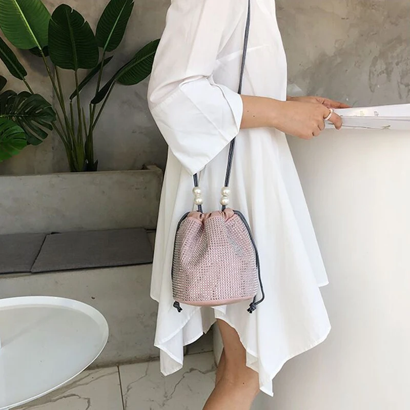 Женская сумка в богемном стиле ведро на шнурке жемчужная плечо Сумка с