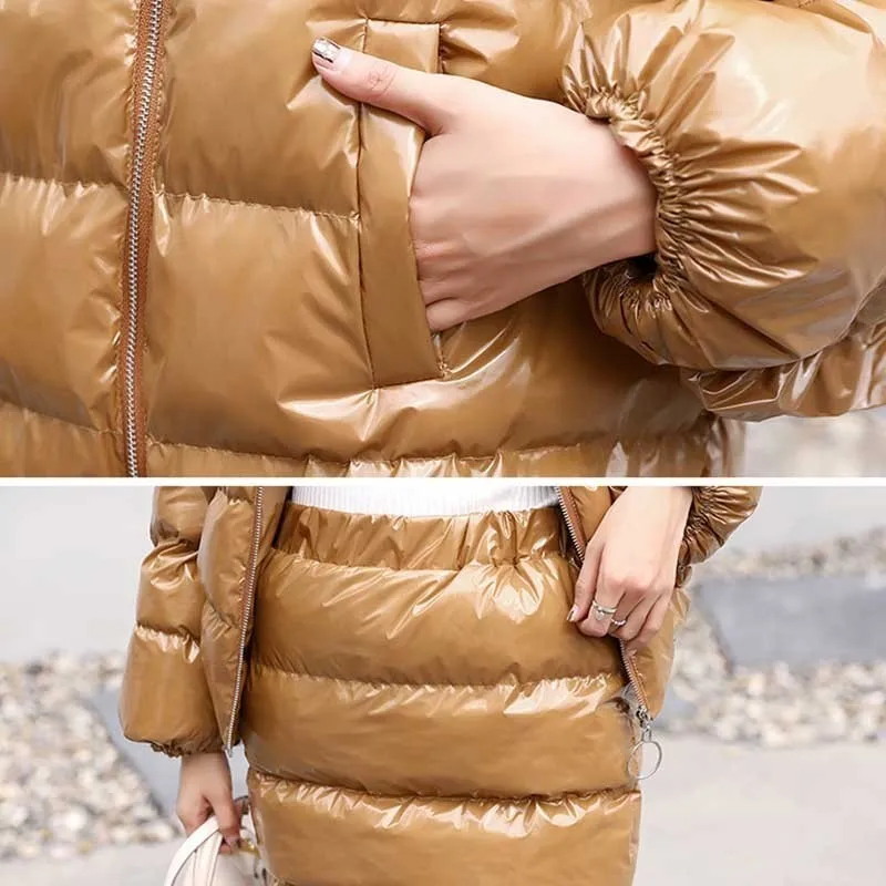 

Winter Women Plus Size Down Cotton Set High Collar Bright Color Padded Jacket Parka Fashion Short Skirt Casual Two-Piece Set 029