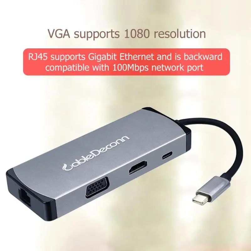 Cabledeconn F0409 USB C концентратор Тип на HDMI VGA 3 0 RJ45 PD адаптер серый обратная