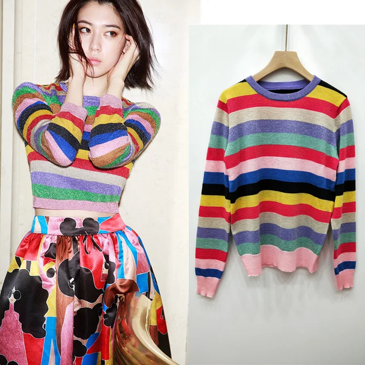 2019 spring thin section ageing color striped sweater pullover women | Женская одежда