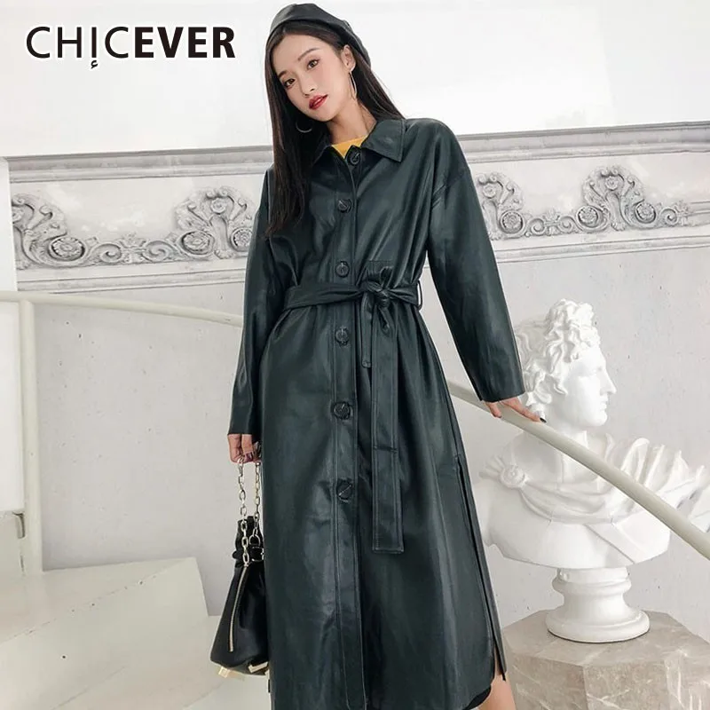 CHICEVER/осенние куртки из искусственной кожи для женщин с отворотом и длинными