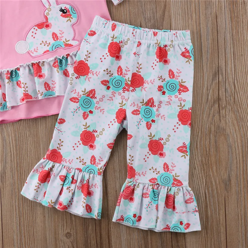 Kids Baby Girl Easter Outfits Children Summer Clothes Ruffle Short Sleeve Bunny T-shirt Floral Flared Pants 2Pcs Sets 0-5Y | Детская