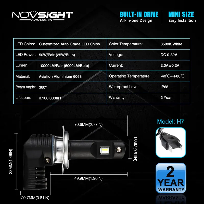 NOVSIGHT Автомобильные фары турбо светодиодный H7 H11 H4 Дальний/ближний свет 50 Вт 6500 лм