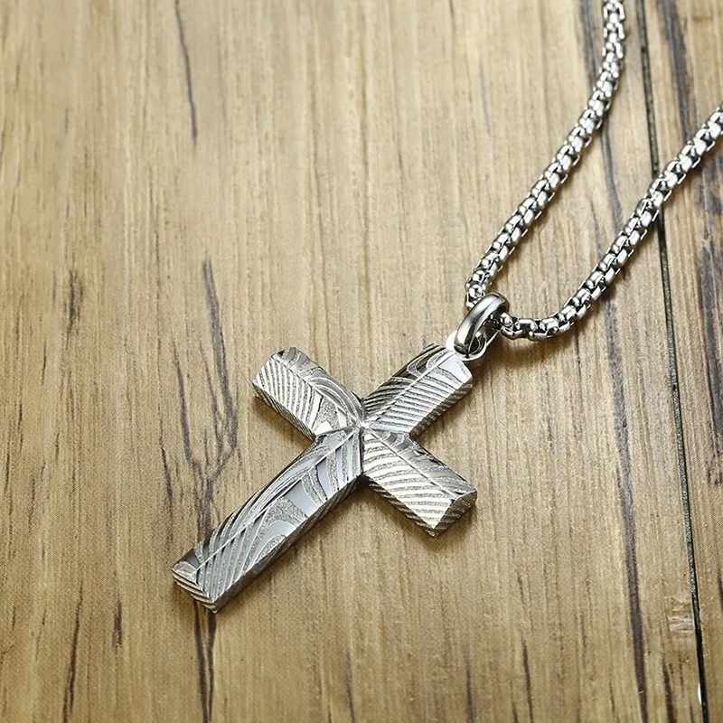 

Mens Damascus Steel Cross Pendant Necklace in Tone Modern and Edgy Style Male Jewelry with 24" Chain
