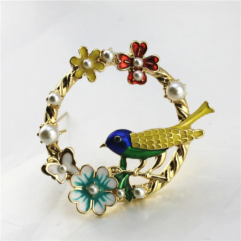 Free shipping New Europe and America color Enamel Bird language floral temperament coat brooch accessories female | Украшения и