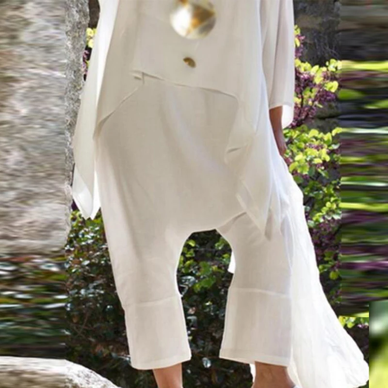 Женские штаны оверсайз с заниженным шаговым швом и высокой талией из хлопка льна