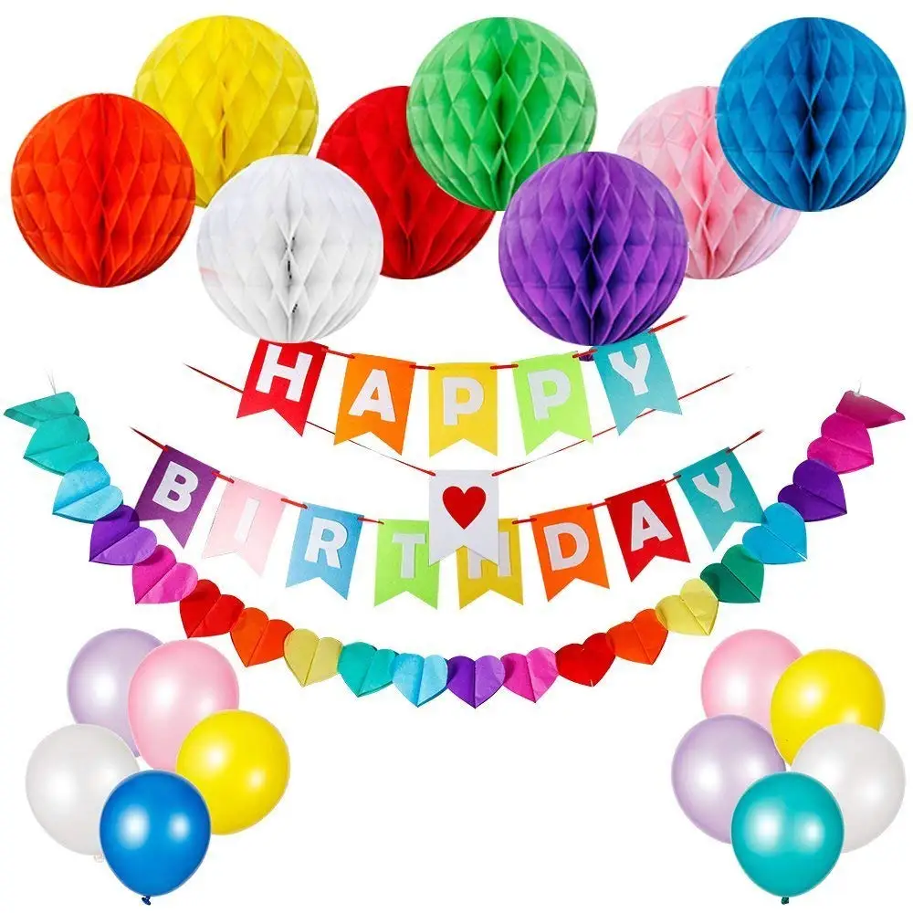 Happy Birthday Party Decorations Banner Garland Colorful Fiesta Paper Fans Latex Balloons Rainbow 27pcs/set | Дом и сад