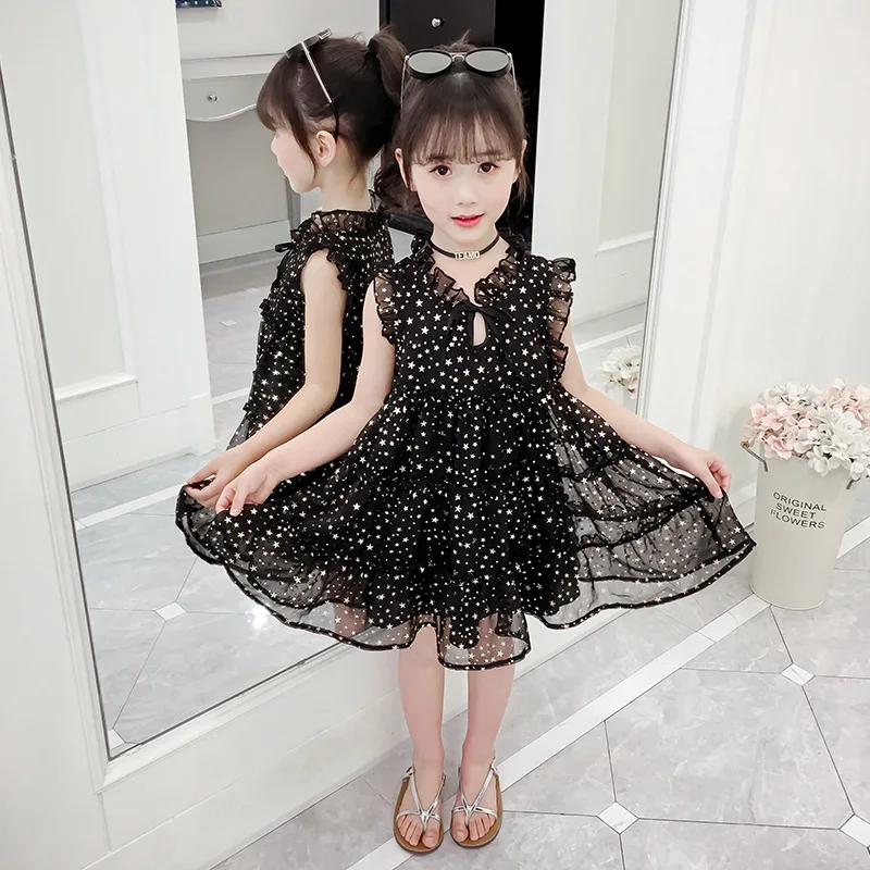 black dress age for 3 - 12 yrs little girls shine star pattern christmas princess costume summer white sleeveless ruffle frocks | Детская
