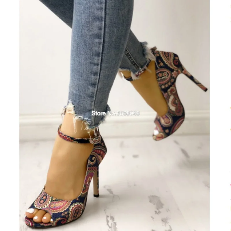 

Fashion Ethnic Prints Open Toe Woman Buckle Strap Sandals Bohemian Designer Cover Heel Casual Dress Shoes Elegant Ladies Shoes