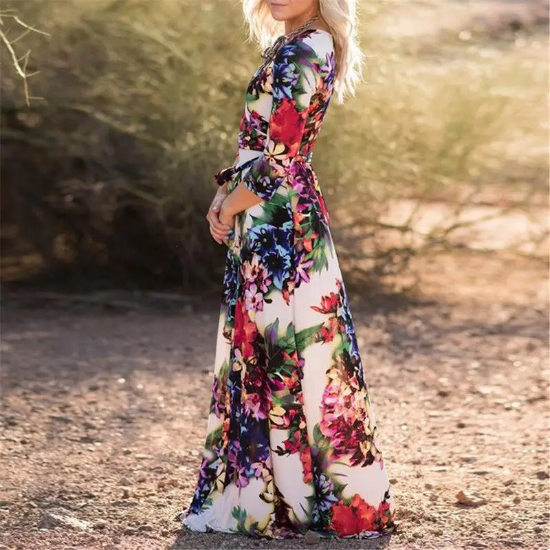 2019 Summer Women Long Floral Print Beach Dress Sexy V-neck Slim Fit Short Sleeve Evening Party Belt | Женская одежда
