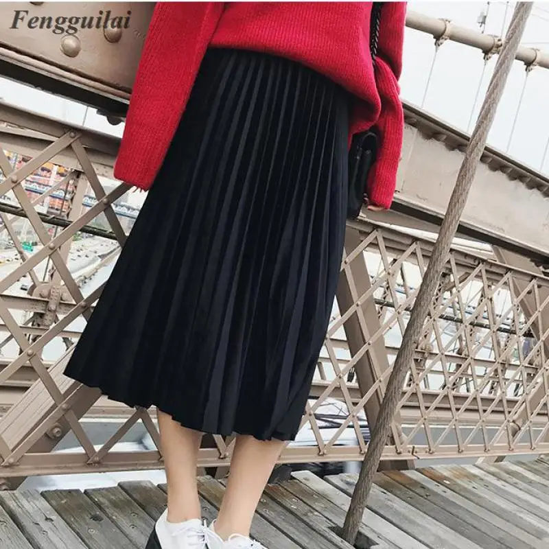 

New 2019 Autumn And Winter High Waisted Skinny Female Velvet Skirt Pleated Skirts Pleated Skirt Fast Shipping