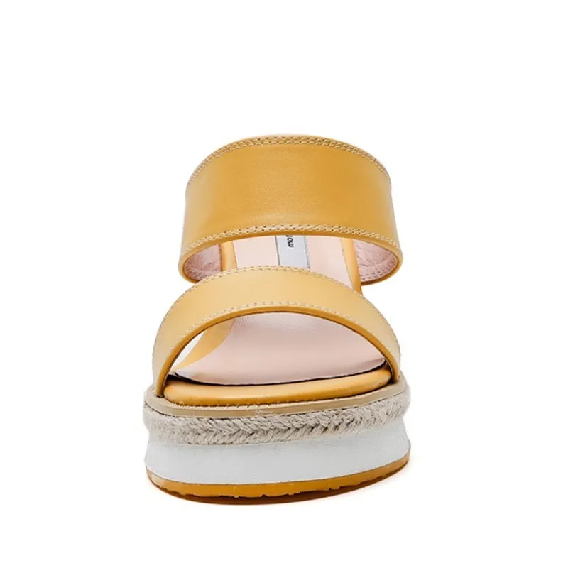 Women Wedges Heel Slippers Summer Genuine Leather Outside Platform Shoes Woman Black Beige Yellow High Heels Slides Sandal D018 | Обувь
