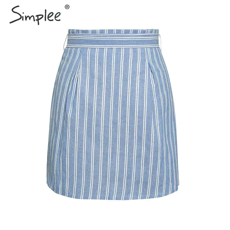 женская полосатая мини юбка Simplee синяя винтажная А-силуэта с высокой талией для