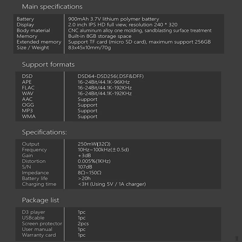 Xduoo NANO D3 Профессиональный Lossless музыка MP3 HIFI плеера ips дисплей 24Bit/192 k DSD256 Встроенный